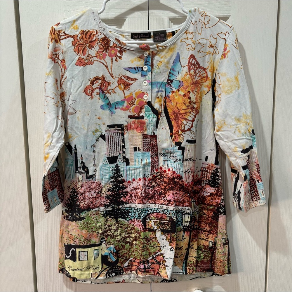 FRENCH POSTCARDS Women’s Handcrafted New York Scene 3/4 Sleeve Tee Shirt -size S
